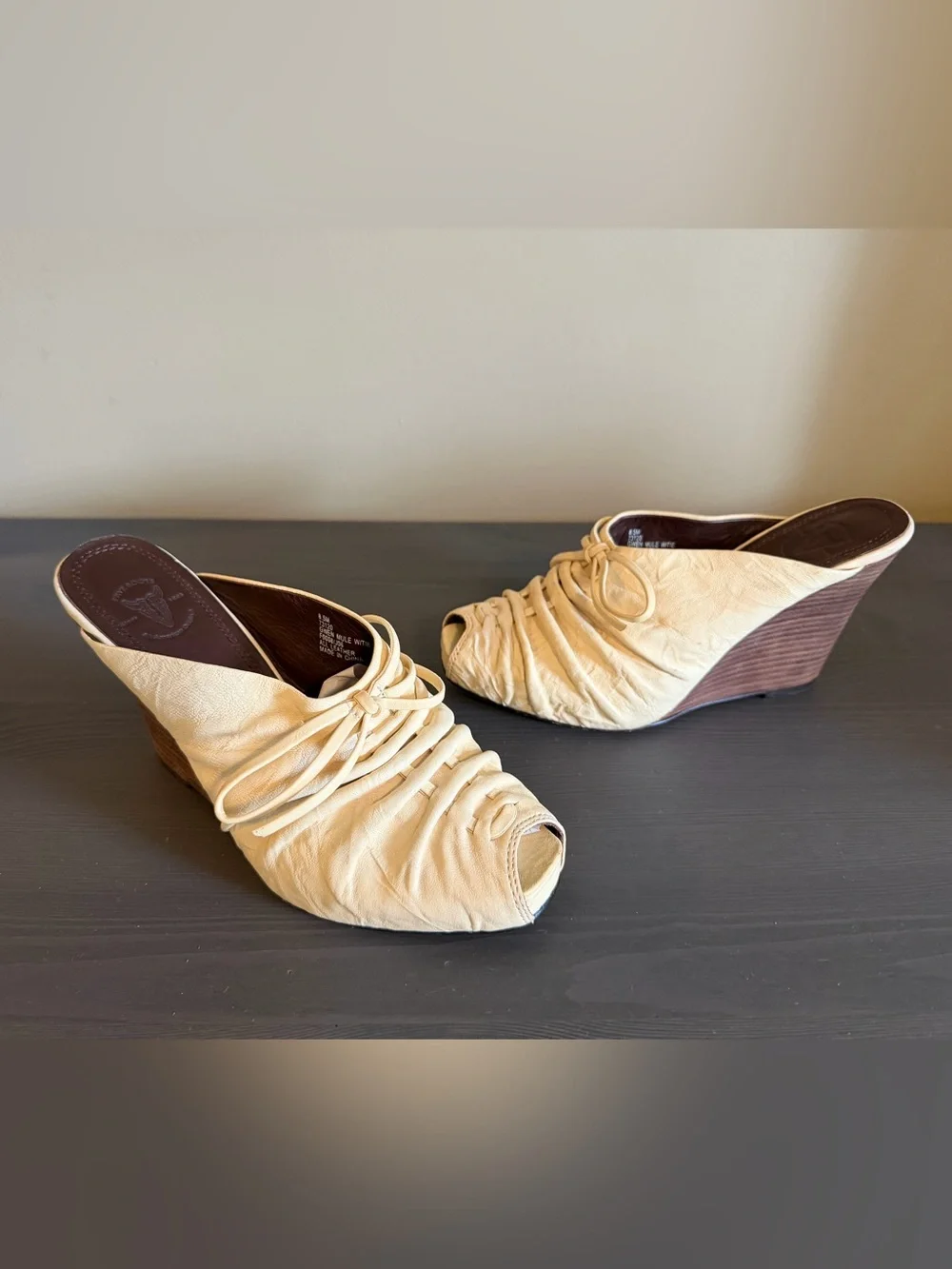 Frye Women’s Gwynn Leather Cream Lace-Up Wedge Mules